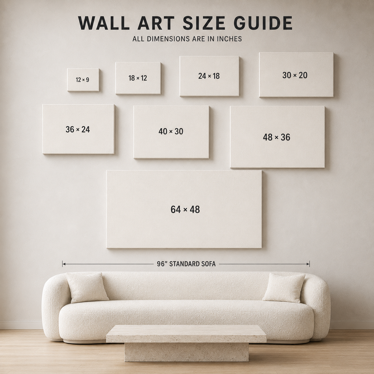 Wall art size guide poster showing various canvas sizes in inches arranged above a minimalist cream sofa, with text indicating wall art dimensions and a 96-inch standard sofa reference.