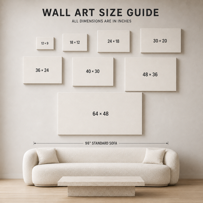 Wall art size guide poster showing various canvas sizes in inches arranged above a minimalist cream sofa, with text indicating wall art dimensions and a 96-inch standard sofa reference.