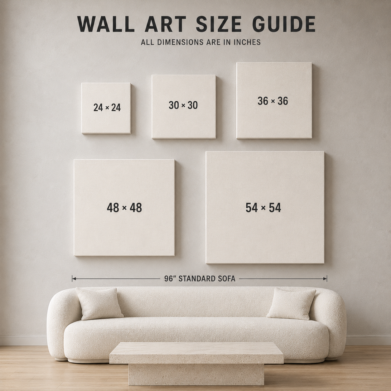 Wall art size guide showing five framed canvas mockups mounted on a light beige wall above a cream sofa, with dimensions labeled for each size and a note for a 96-inch standard sofa.