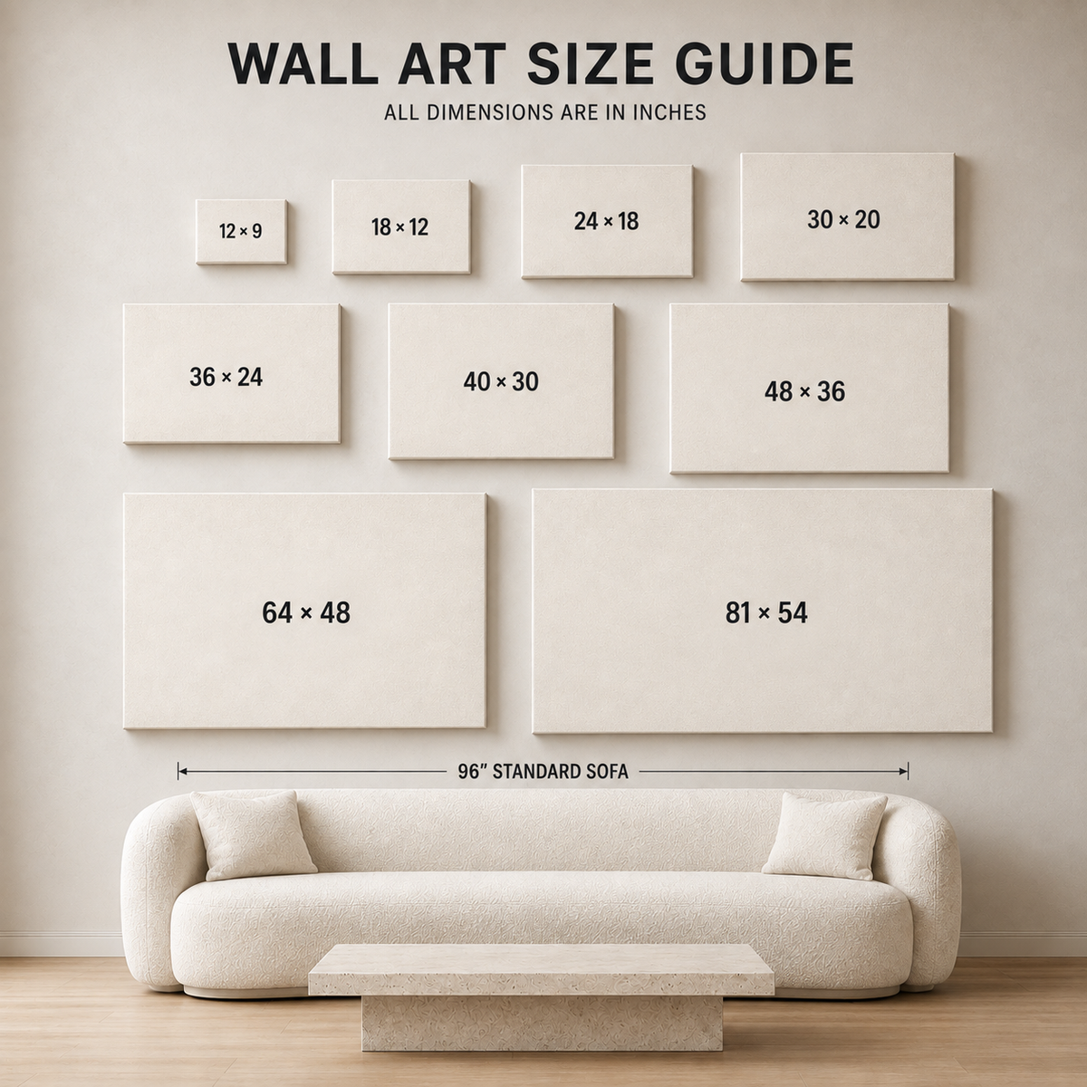 Wall art size guide showing multiple canvas and framed prints with dimensions in inches mounted on a beige wall above a light sofa. Text at the top reads 'WALL ART SIZE GUIDE' and 'ALL DIMENSIONS ARE IN INCHES.