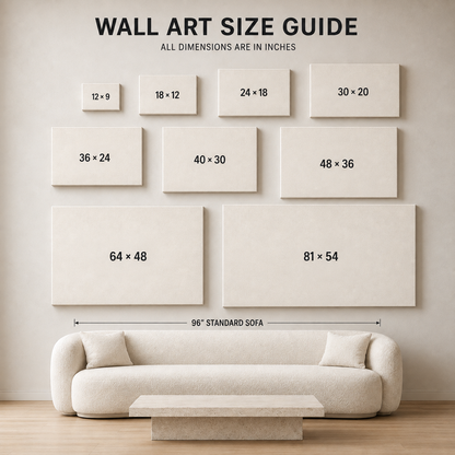 Wall art size guide showing multiple canvas and framed prints with dimensions in inches mounted on a beige wall above a light sofa. Text at the top reads 'WALL ART SIZE GUIDE' and 'ALL DIMENSIONS ARE IN INCHES.