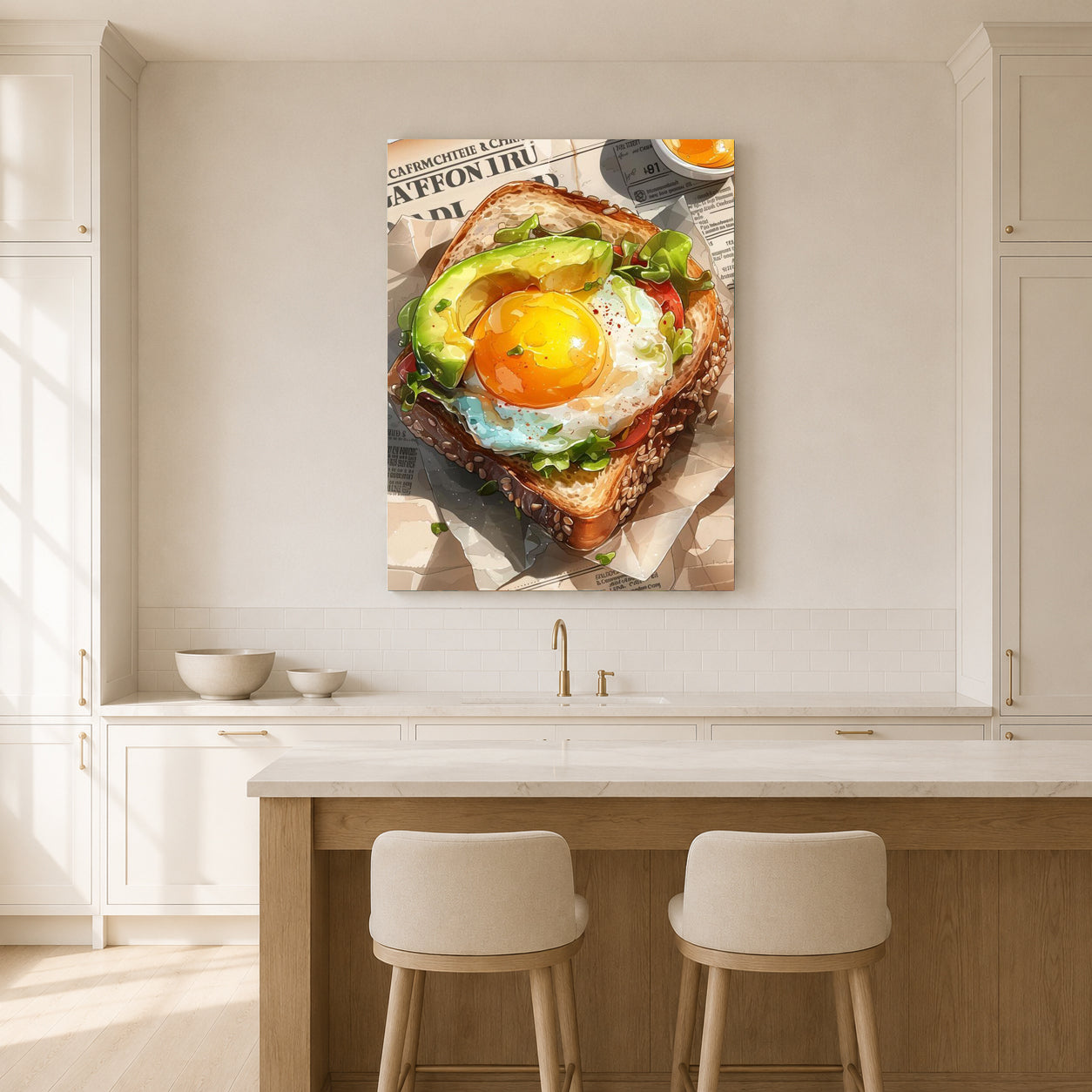 A vertical canvas wall art print depicting a gourmet avocado toast with a sunny egg, displayed in a bright, modern kitchen above a wooden island and two bar stools.