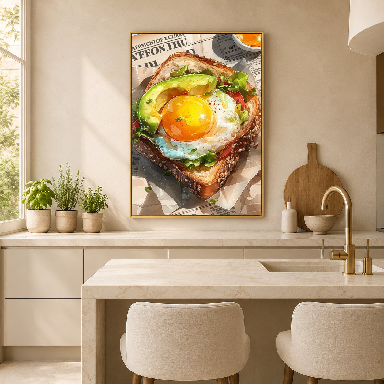 A framed wall art print depicting a close-up avocado toast with a sunny egg yolk, hanging on a beige wall in a modern kitchen setting with a marble countertop, gold faucet, and potted plants.