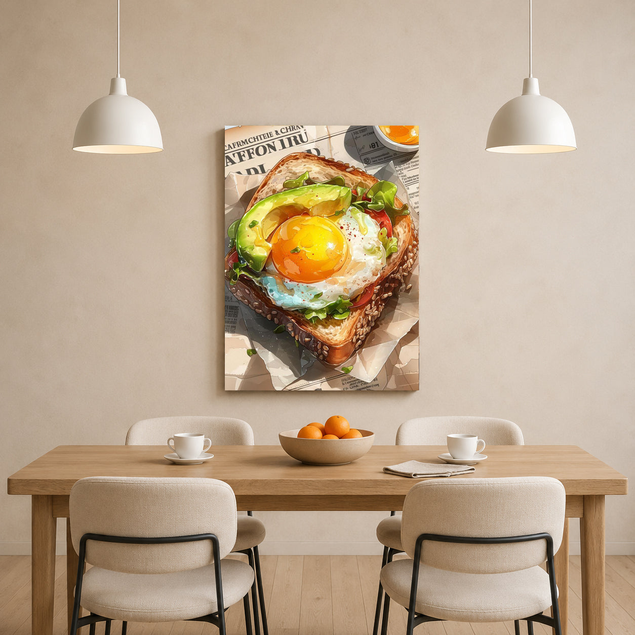 A framed wall art print showing a close-up of avocado toast with a sunny egg sits above a dining table with chairs, cups, and oranges in a bright, modern room.