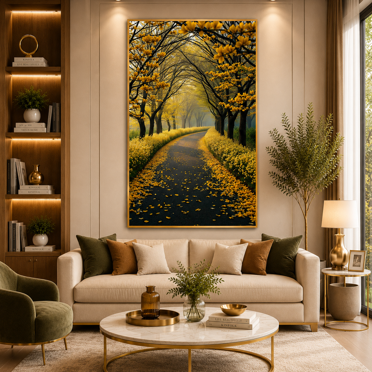 Golden Blossom Path Canvas Wall Art for Luxury Home Decor
