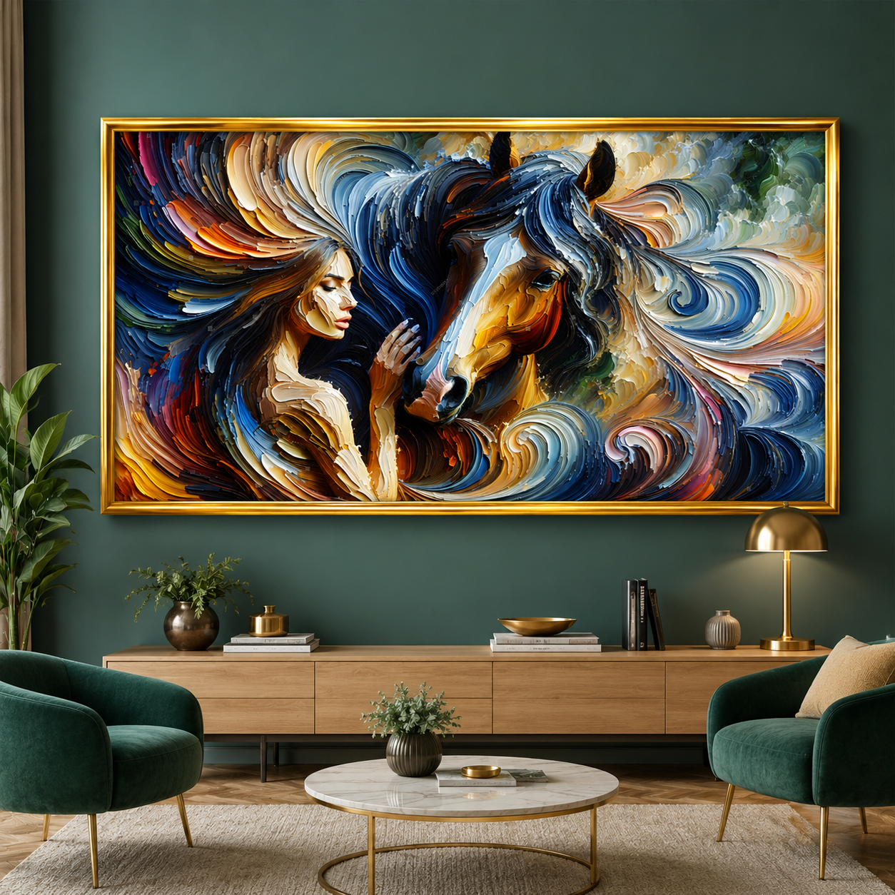 Abstract Woman and Horse Canvas Wall Art Modern Animal Painting Decor