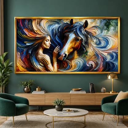 Abstract Woman and Horse Canvas Wall Art Modern Animal Painting Decor