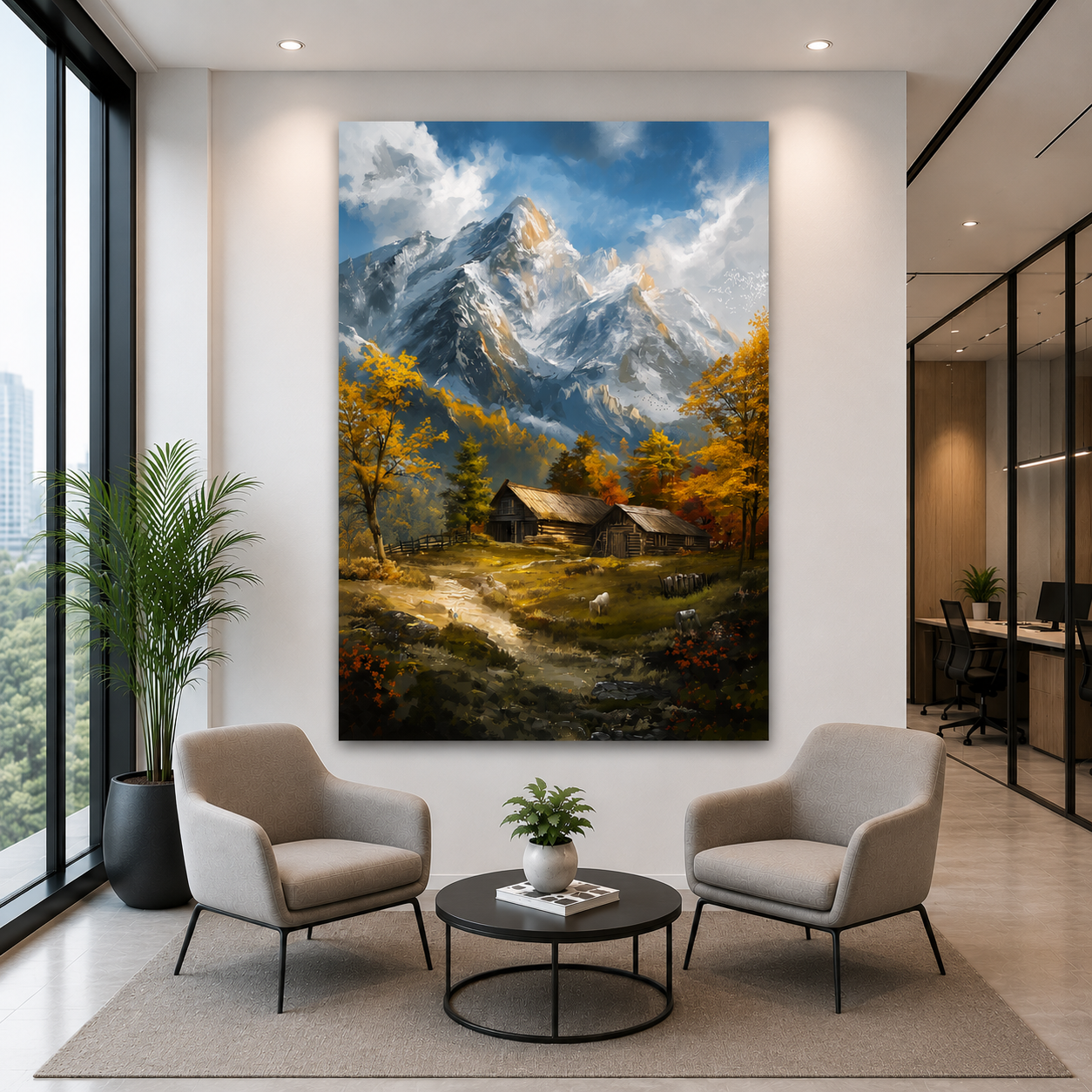 Mountain Cabin Landscape Canvas Wall Art Vertical Nature Painting