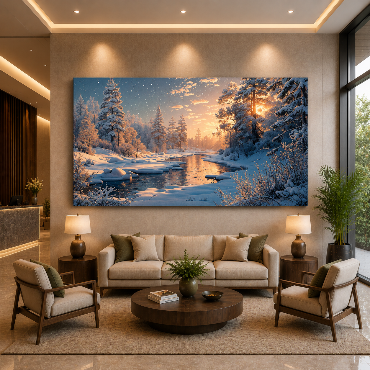 Winter Sunset River Landscape Canvas Wall Art for Elegant Interiors