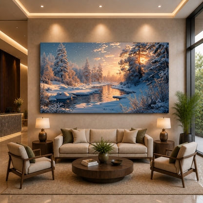 Winter Sunset River Landscape Canvas Wall Art for Elegant Interiors