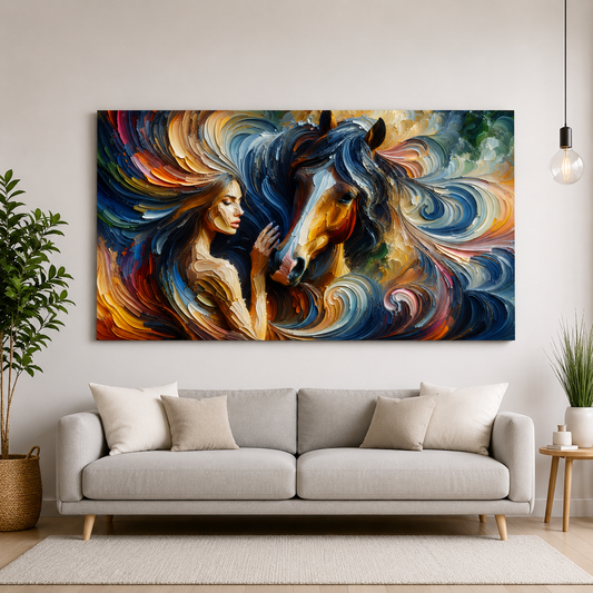 Abstract Woman and Horse Canvas Wall Art Modern Animal Painting Decor