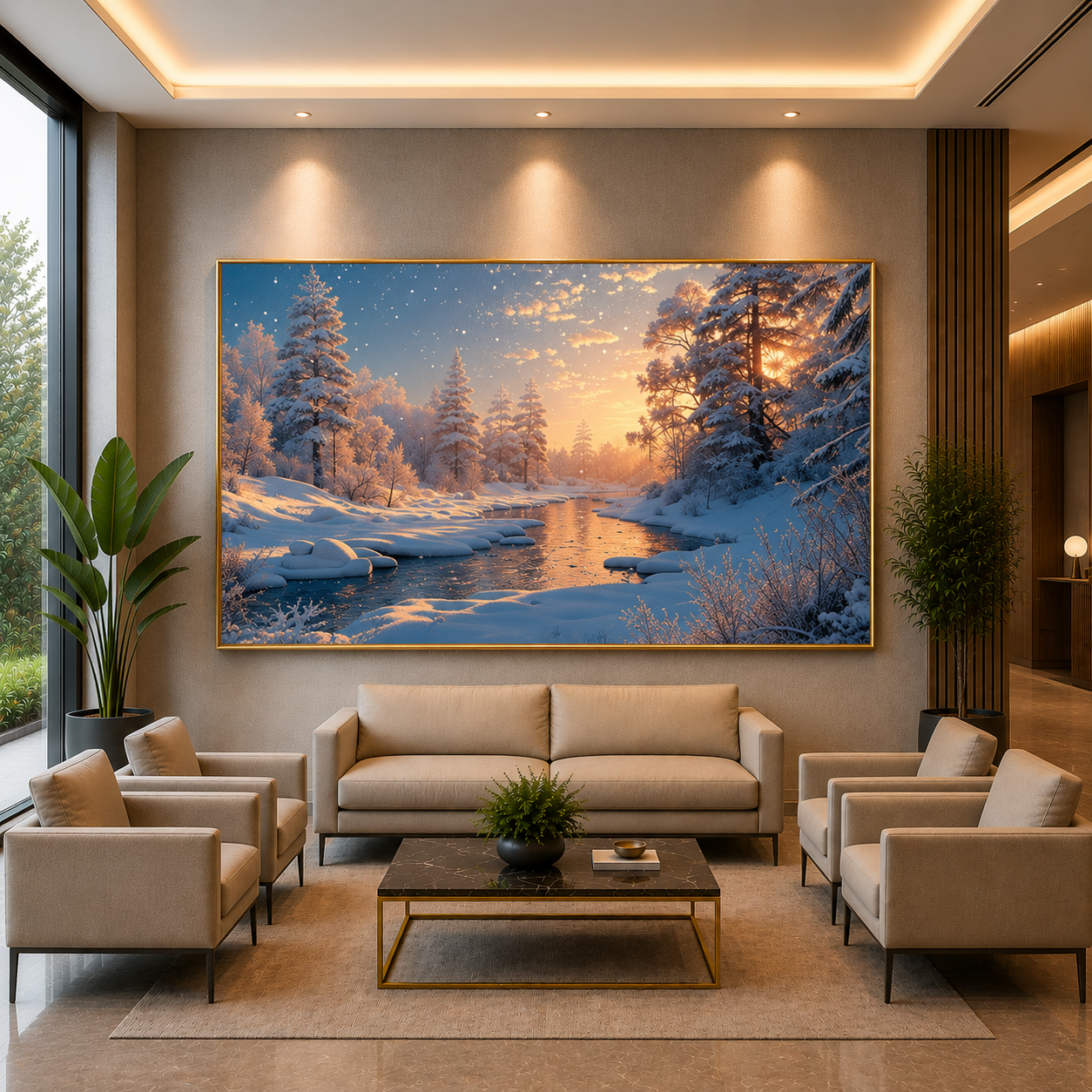 Winter Sunset River Landscape Canvas Wall Art for Elegant Interiors
