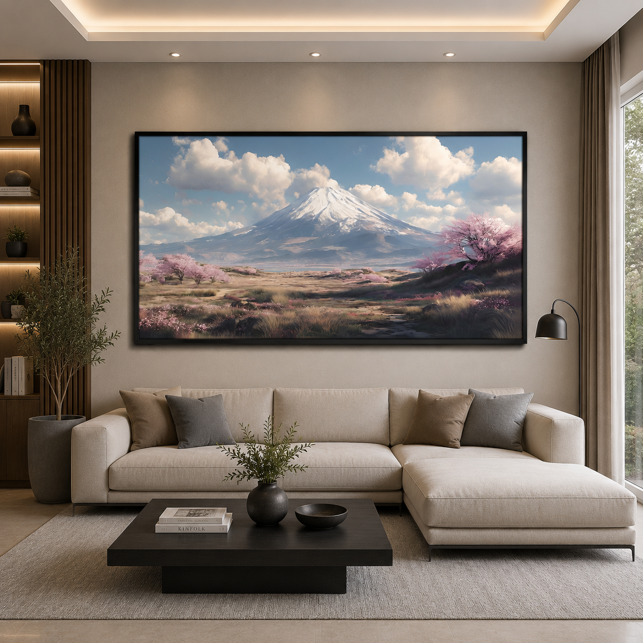 Snow Mountain Cherry Blossom Landscape Canvas Wall Art Decor