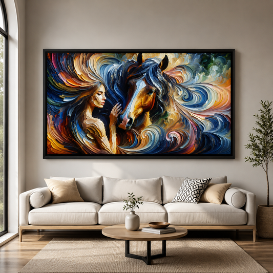 Abstract Woman and Horse Canvas Wall Art Modern Animal Painting Decor