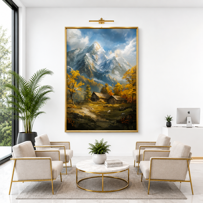 Mountain Cabin Landscape Canvas Wall Art Vertical Nature Painting