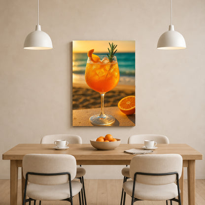 Beach Cocktail Wall Art with Sunset Ocean View & Citrus Drink