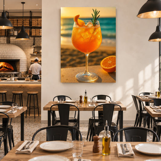Beach Cocktail Wall Art with Sunset Ocean View & Citrus Drink
