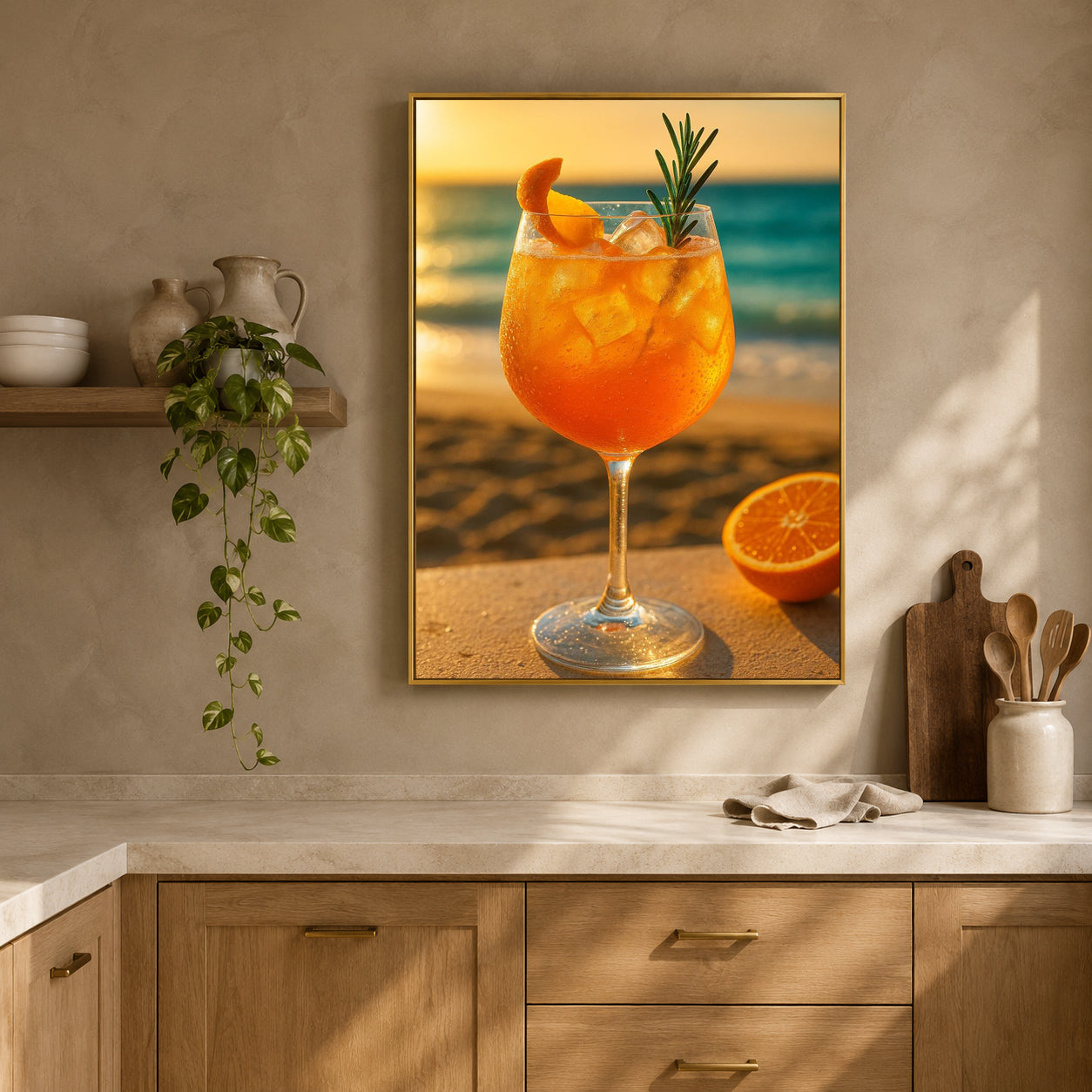 Beach Cocktail Wall Art with Sunset Ocean View & Citrus Drink