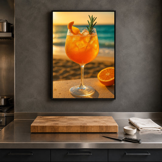 Beach Cocktail Wall Art with Sunset Ocean View & Citrus Drink