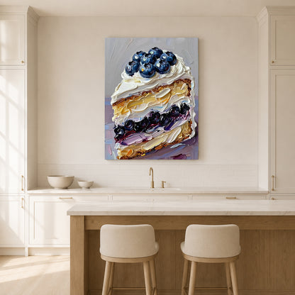 A vertical canvas wall art print depicting a thick, textured impasto painting of a blueberry cake slice, displayed on a beige kitchen wall above a wooden island with two stools.