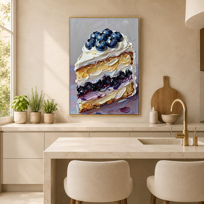 A framed canvas painting of a blueberry cheesecake slice hangs on a beige kitchen wall above a marble island with two cream chairs.