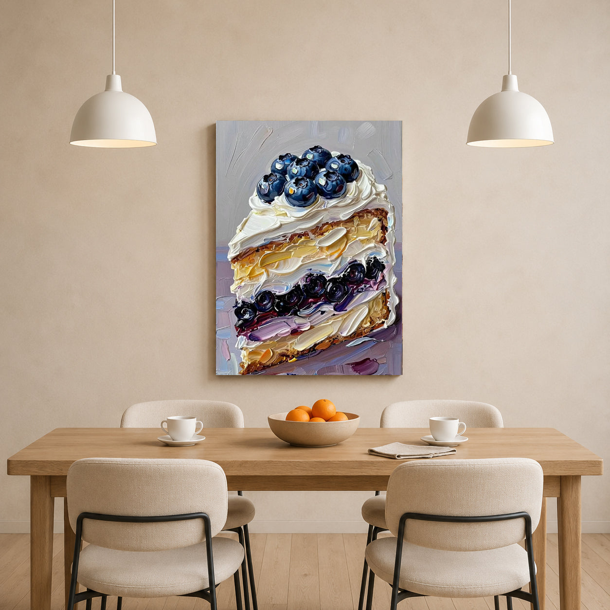 A vertical canvas art print depicting a slice of blueberry pie, displayed on a beige wall above a wooden dining table with chairs and pendant lights.