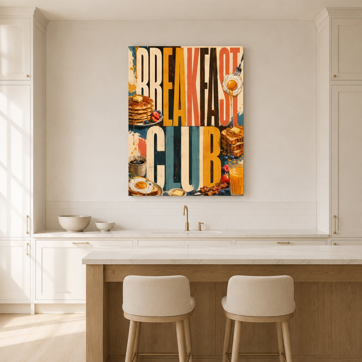 A colorful canvas wall art print featuring the words 'BREAKFAST CLUB' with breakfast food illustrations, hanging on a white kitchen wall above a counter with two stools.