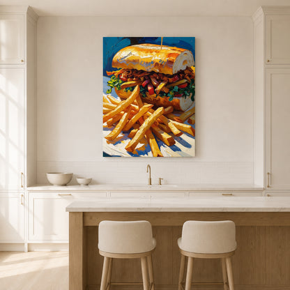 A colorful canvas wall art print depicting a large sandwich and french fries, displayed on a white kitchen wall above a wooden island with two stools.