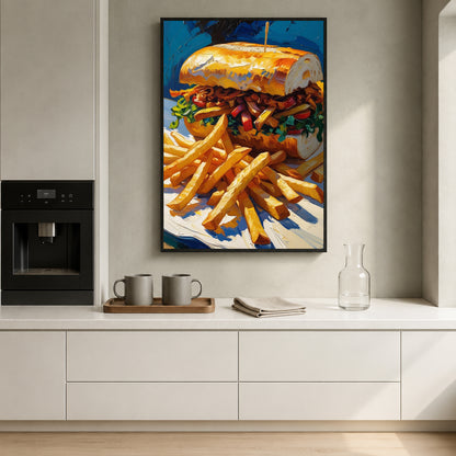 A framed vertical canvas print of an expressive oil painting depicting a sandwich and french fries, displayed on a light gray wall in a modern kitchen setting above a white counter.