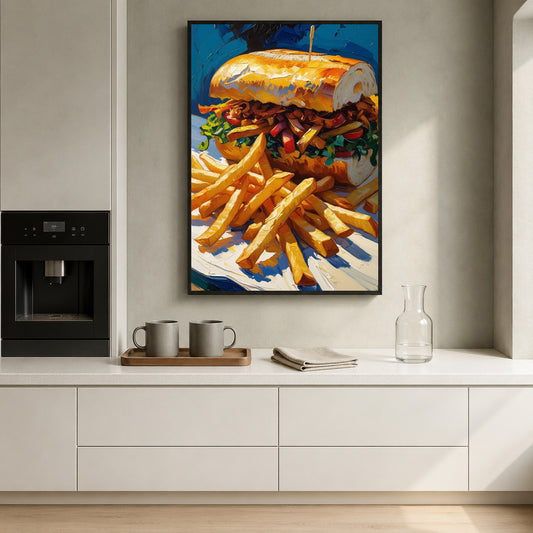 A framed vertical canvas print of an expressive oil painting depicting a sandwich and french fries, displayed on a light gray wall in a modern kitchen setting above a white counter.