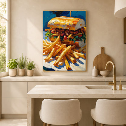 A framed vertical canvas painting of a gourmet sandwich with golden fries, displayed on a beige kitchen wall above a marble island with two chairs.