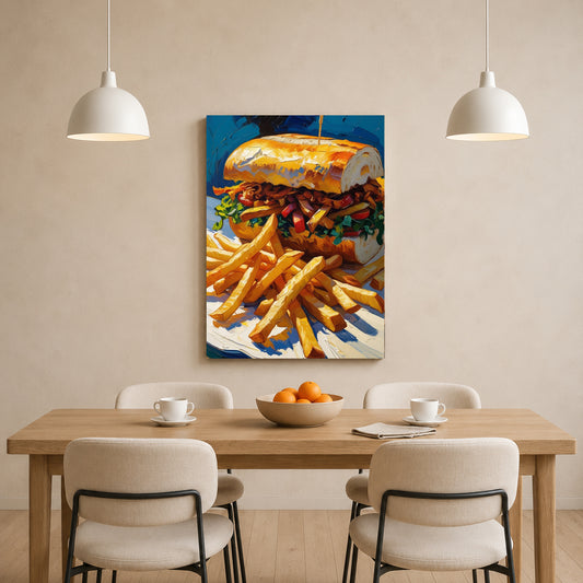 A colorful canvas wall art print depicting a large sandwich and french fries, displayed on a beige wall above a wooden dining table with chairs and pendant lights.
