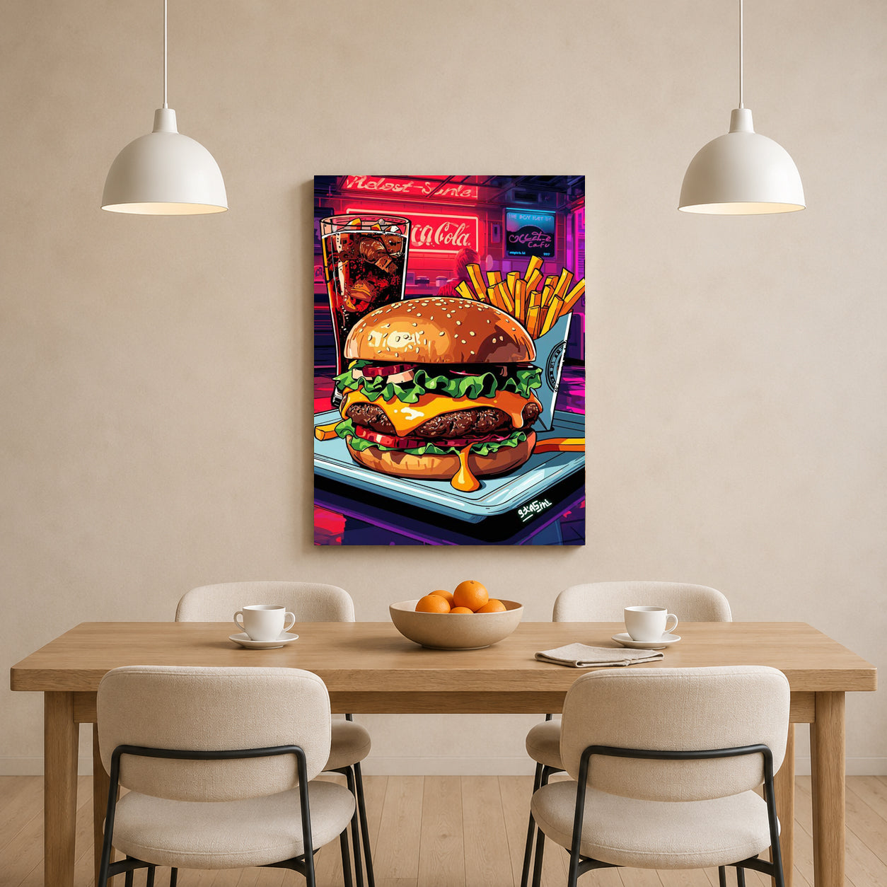 Colorful burger wall art featuring a pop art cheeseburger with fries and cola in a retro neon diner, printed on premium canvas for kitchens, cafés, and restaurants.