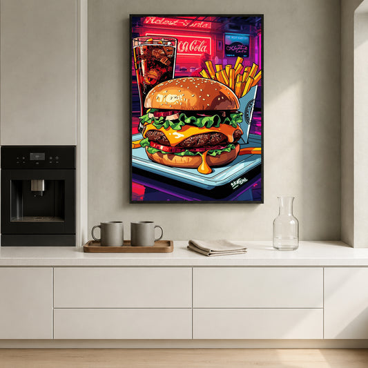 A colorful canvas wall art print depicting a juicy cheeseburger with french fries, a drink, and a neon restaurant sign, displayed on a light gray wall in a modern kitchen setting.