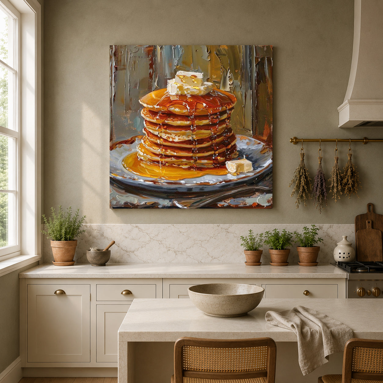 A large canvas painting of a tall stack of pancakes with syrup, butter, and fruit on a plate, displayed on a beige wall in a bright, modern kitchen with white cabinets, a marble countertop, and small potted plants.