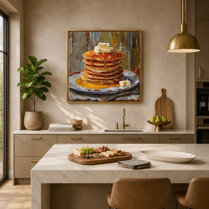 A framed painting of a tall stack of pancakes with syrup and butter hangs on a beige wall in a modern kitchen. The scene includes a marble island, brown chairs, a gold pendant light, a potted plant, and a wooden cutting board with green apples.