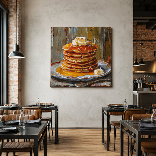 A square canvas wall art print depicting a stack of pancakes with syrup and butter, displayed in a modern restaurant setting with wooden floors, tables, and brick walls.