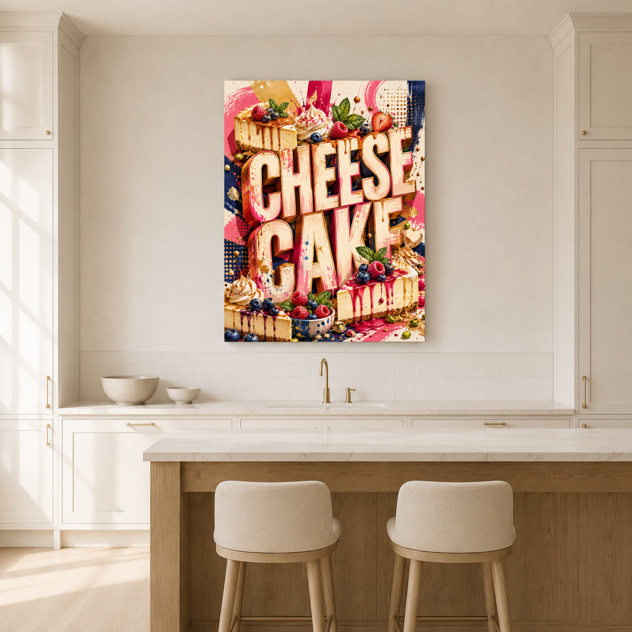 A colorful canvas wall art print featuring the words 'CHEESE CAKE' in large cream letters over a collage of desserts, shown hanging above a kitchen island in a bright white kitchen with two stools.
