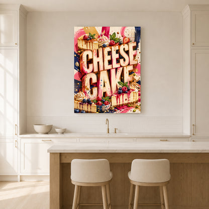 A colorful canvas wall art print featuring the words 'CHEESE CAKE' in large cream letters over a collage of desserts, shown hanging above a kitchen island in a bright white kitchen with two stools.