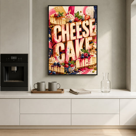 A framed vertical canvas print featuring a colorful collage of cheesecake desserts and the words 'CHEESE CAKE' in large letters, displayed on a light gray wall above a kitchen counter with mugs, a glass carafe, and a notebook.