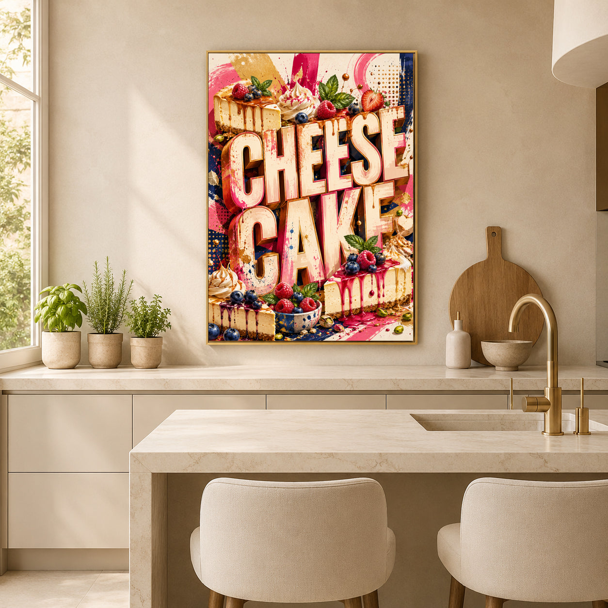 A framed vertical canvas print featuring a colorful collage of cheesecake desserts and the words “CHEESE CAKE” in large letters, displayed on a beige kitchen wall above a countertop with plants, a cutting board, and two chairs.
