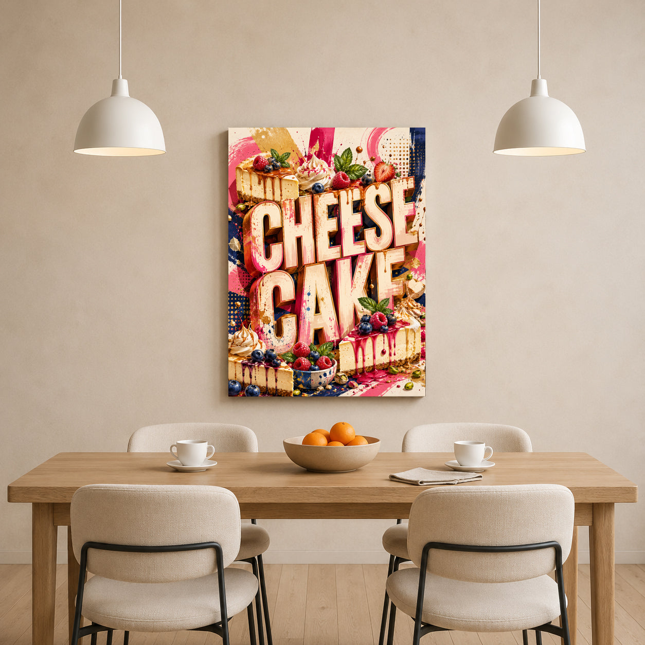 A colorful canvas wall art print featuring the words 'CHEESE CAKE' in large retro-style letters over a collage of desserts, displayed above a wooden dining table with chairs in a modern room.
