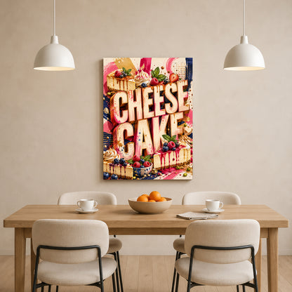 A colorful canvas wall art print featuring the words 'CHEESE CAKE' in large retro-style letters over a collage of desserts, displayed above a wooden dining table with chairs in a modern room.