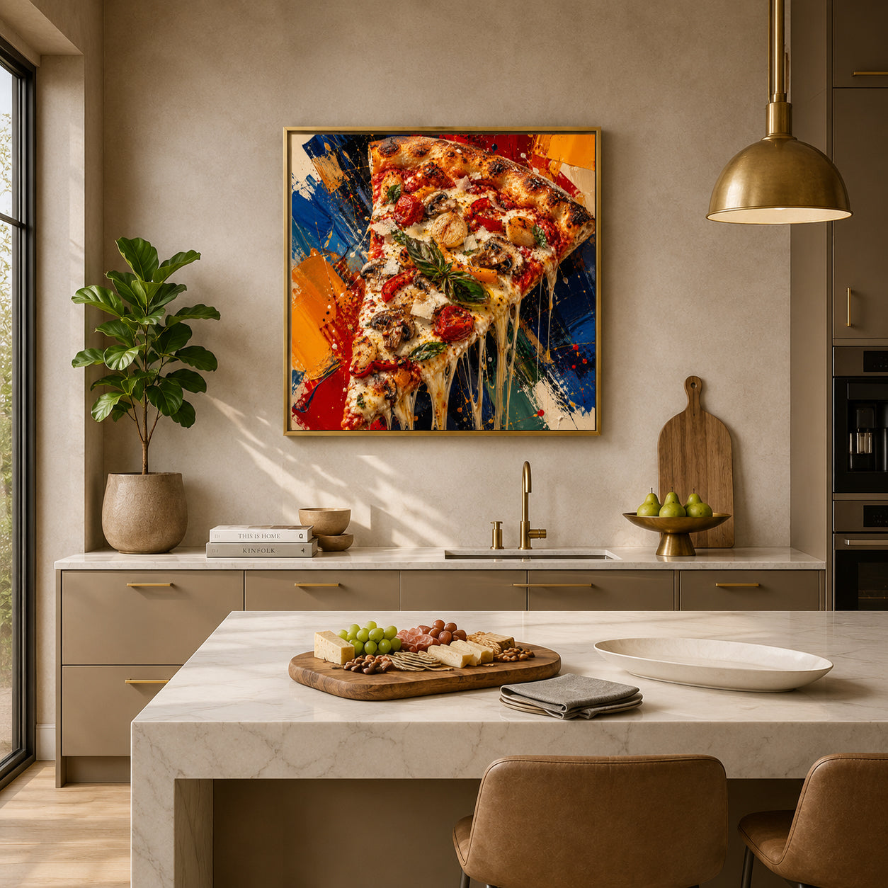 A framed abstract painting of a slice of pizza hangs on a beige wall in a modern kitchen setting with a marble island, gold pendant light, and kitchen cabinets.
