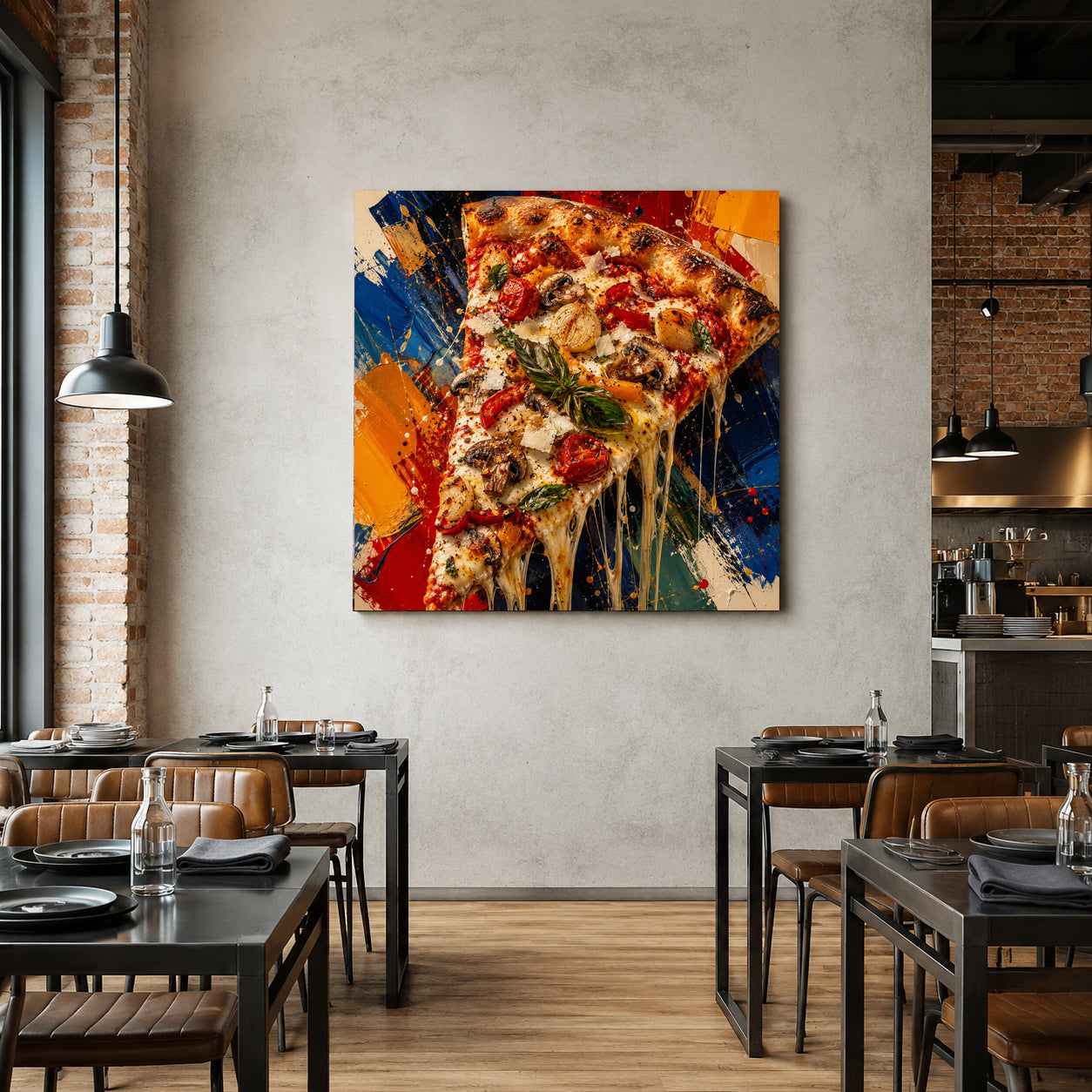 A square canvas wall art print featuring a colorful, close-up painting of a slice of pizza with melted cheese and basil, displayed on a textured light gray wall in a modern restaurant setting with tables and chairs.