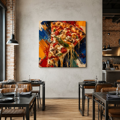A square canvas wall art print featuring a colorful, close-up painting of a slice of pizza with melted cheese and basil, displayed on a textured light gray wall in a modern restaurant setting with tables and chairs.