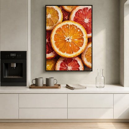 A framed wall art print featuring a close-up citrus fruit pattern with orange and red grapefruit slices, displayed above a kitchen counter in a modern interior setting.