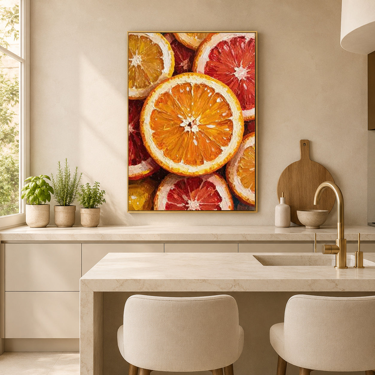 A framed vertical canvas print featuring a close-up citrus and grapefruit slice pattern in orange, red, and yellow tones, displayed on a beige kitchen wall above a countertop with plants and a gold faucet.