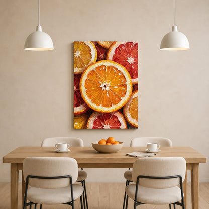 A vertical canvas wall art print featuring a close-up fruit pattern of sliced oranges and grapefruits, displayed on a beige wall above a wooden dining table with chairs and pendant lights.