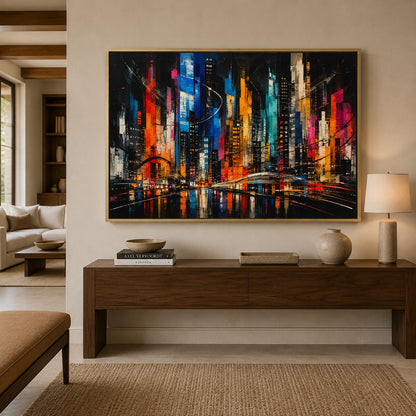 Electric Metropolis Abstract Cityscape Canvas Wall Art